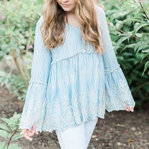 Karen Kane Blue and White Striped Blouse